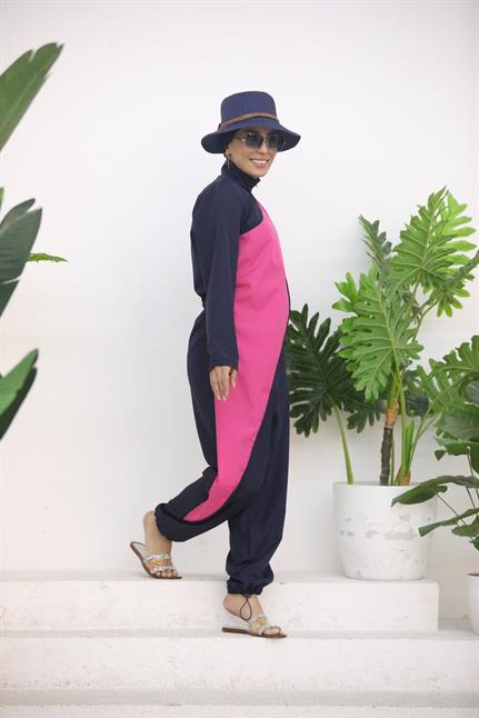 Ocean Pembe Şeritli Lacivert  Tasarım Tesettür Tulum Mayo