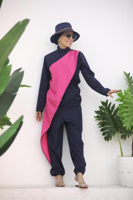 Ocean Pembe Şeritli Lacivert  Tasarım Tesettür Tulum Mayo