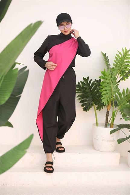 Ocean Pembe Şeritli Tasarım Tesettür Tulum Mayo