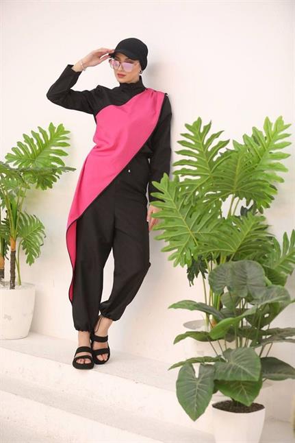 Ocean Pembe Şeritli Tasarım Tesettür Tulum Mayo