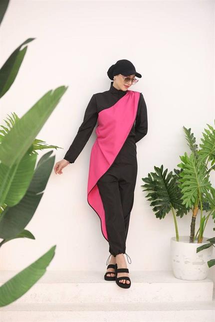 Ocean Pembe Şeritli Tasarım Tesettür Tulum Mayo