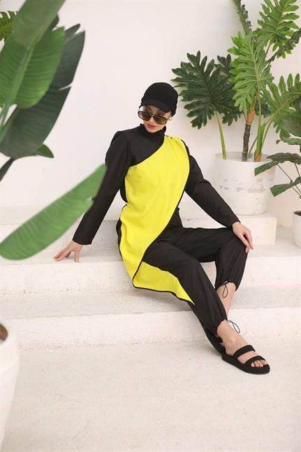 Ocean Sarı Şeritli Tasarım Tesettür Tulum Mayo