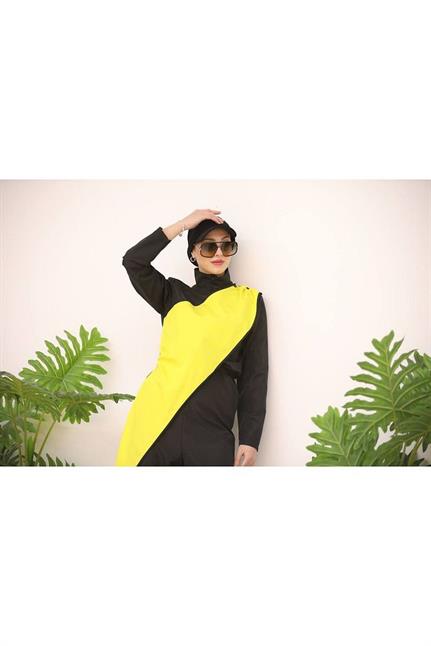 Ocean Sarı Şeritli Tasarım Tesettür Tulum Mayo