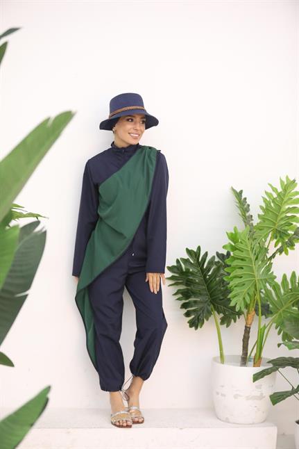 Ocean Yeşil Şeritli Lacivert Tasarım Tesettür Tulum Mayo