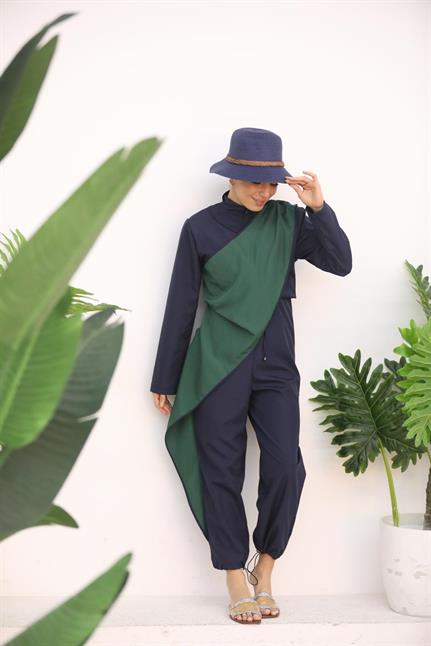 Ocean Yeşil Şeritli Lacivert Tasarım Tesettür Tulum Mayo