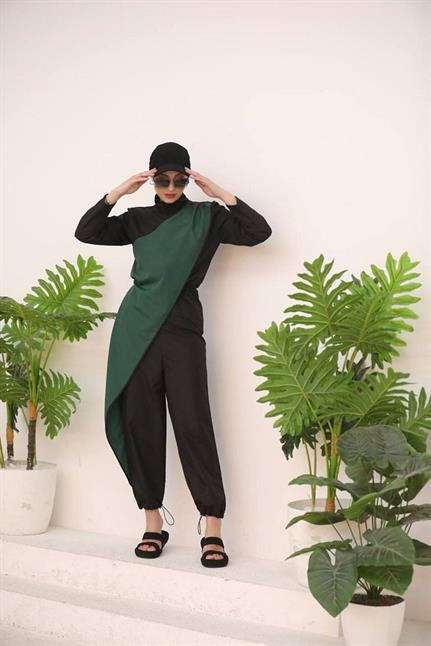 Ocean Yeşil Şeritli Tasarım Tesettür Tulum Mayo