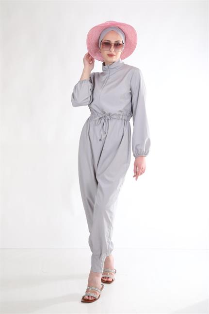 Paçası Pileli Gri Tasarım Tesettür Tulum Mayo