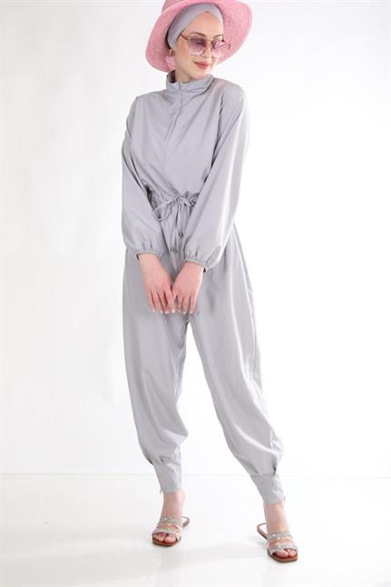 Paçası Pileli Gri Tasarım Tesettür Tulum Mayo