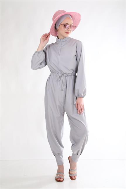 Paçası Pileli Gri Tasarım Tesettür Tulum Mayo