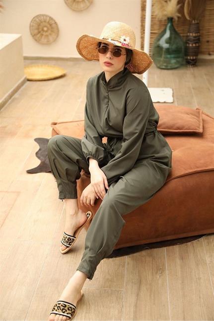 Paçası Pileli Haki Tasarım Tesettür Paraşüt Kumaş Tulum Mayo