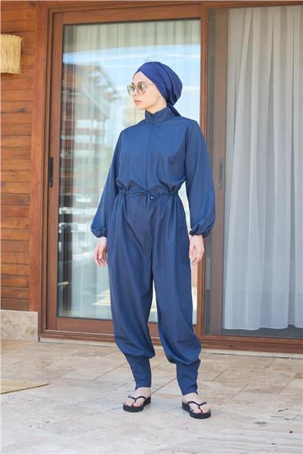 Paçası Pileli Lacivert Tasarım Tesettür Paraşüt Kumaş Tulum Mayo