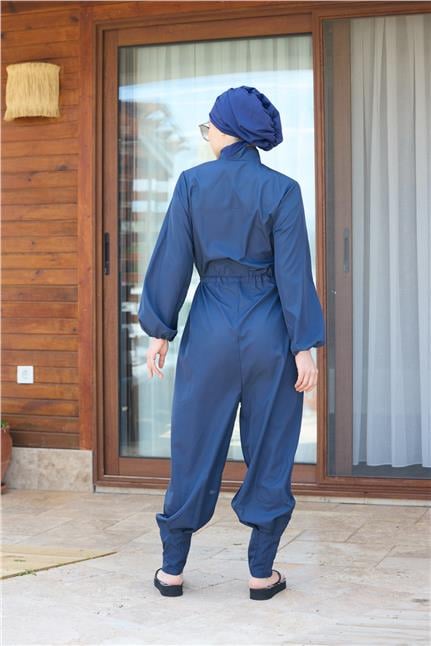 Paçası Pileli Lacivert Tasarım Tesettür Paraşüt Kumaş Tulum Mayo