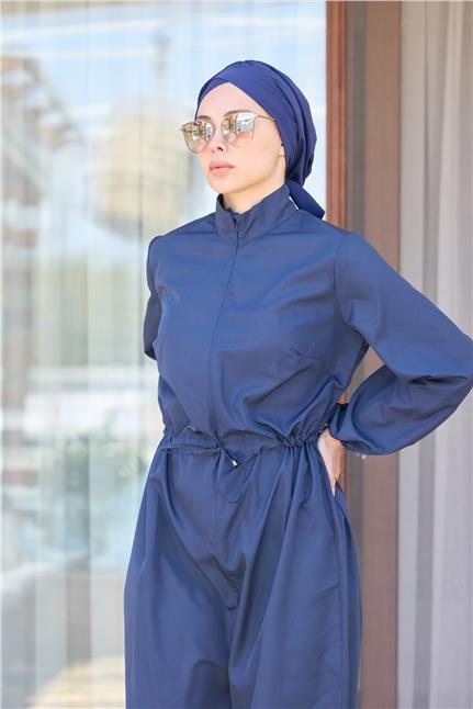 Paçası Pileli Lacivert Tasarım Tesettür Paraşüt Kumaş Tulum Mayo