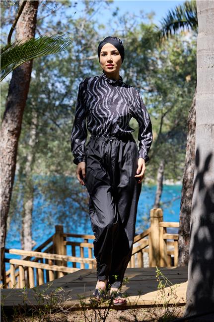 Paçası Pileli Nouréa Model Tasarım Tesettür Tulum Mayo