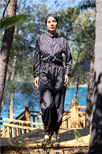 Paçası Pileli Nouréa Model Tasarım Tesettür Tulum Mayo | Markasız