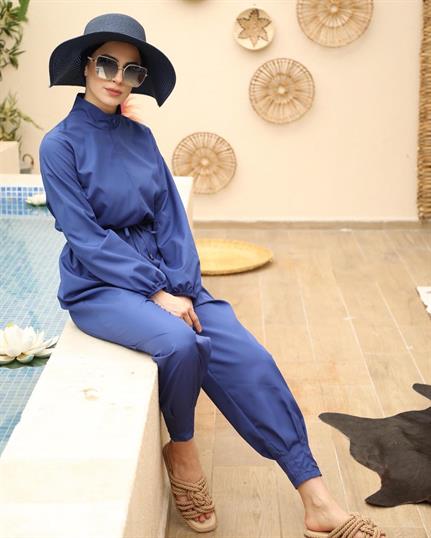 Paçası Pileli Saks Mavisi Tasarım Tesettür Tulum Mayo