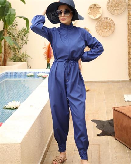 Paçası Pileli Saks Mavisi Tasarım Tesettür Tulum Mayo