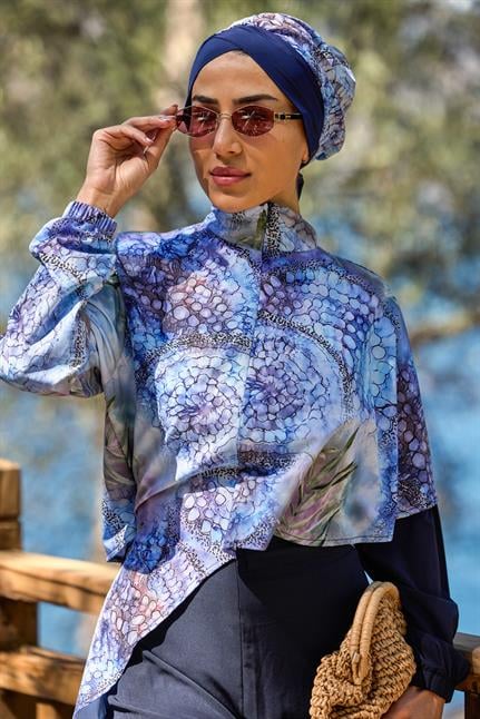 Pelerin Model Blue Garden Desen Tasarım Tesettür Tulum Mayo | NS Tasarim