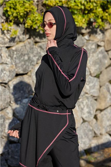 Asena Model Pudra Şeritli Allerli Lycralı Tasarım Tesettür Tulum Mayo