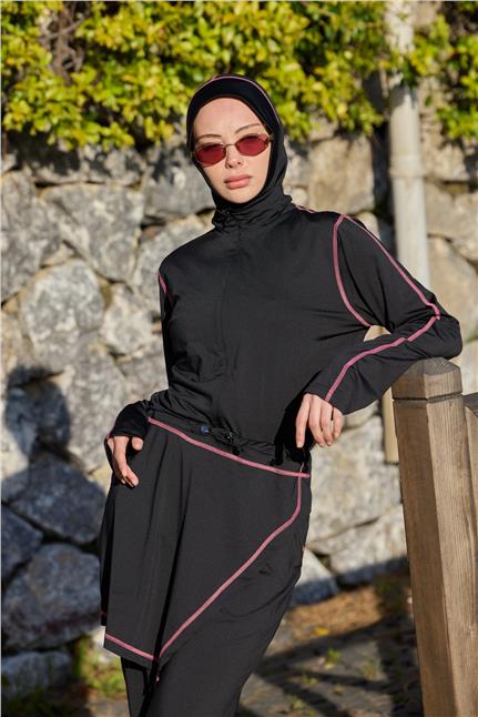 Asena Model Pudra Şeritli Allerli Lycralı Tasarım Tesettür Tulum Mayo