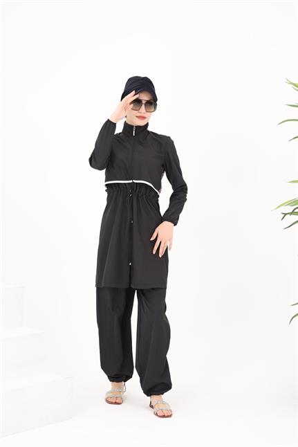 Sabrina Beyaz Şeritli Tasarım Tesettür Mayo Takım