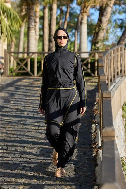 Sarı Şeritli Allerli Lycralı Tasarım Tesettür Tulum Mayo | Markasız