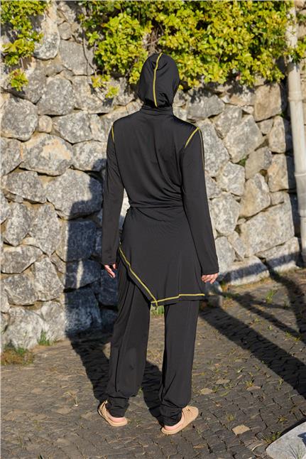 Asena Model Sarı Şeritli Allerli Lycralı Tasarım Tesettür Tulum Mayo