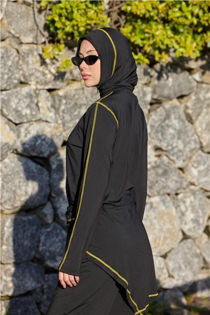 Asena Model Sarı Şeritli Allerli Lycralı Tasarım Tesettür Tulum Mayo