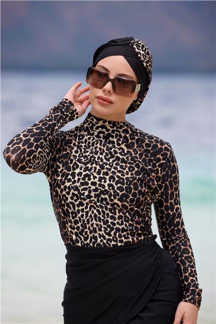 Serengeti Model Etekli Yanı Büzgülü Lycralı Tasarım Tesettür Mayo Takım
