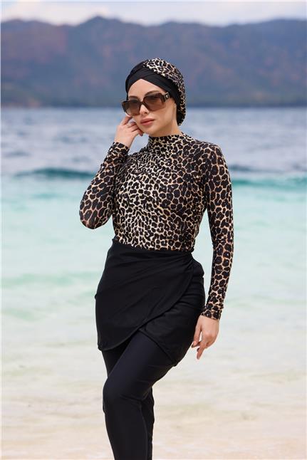 Serengeti Model Etekli Yanı Büzgülü Lycralı Tasarım Tesettür Mayo Takım