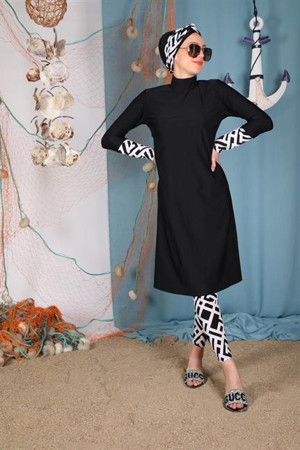 Siyah Beyaz Çizgi Desen Likralı Tasarım Tesettür  Mayo Pantolon