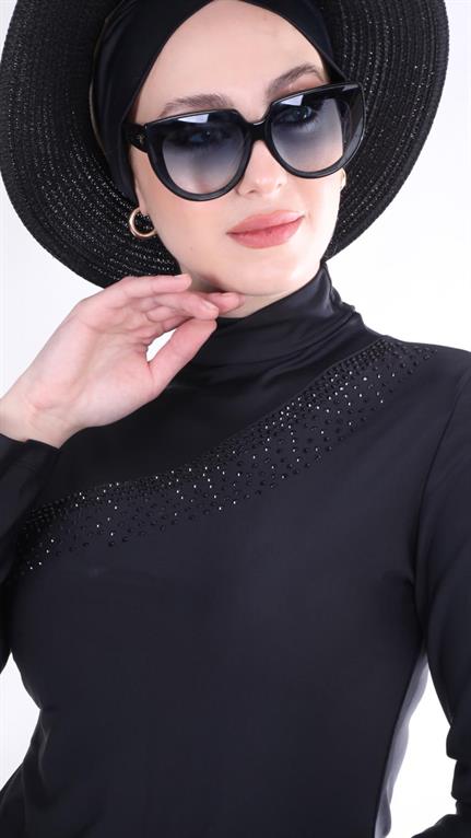Siyah Taşlı Siyah Tasarım Tesettür Mayo Takım