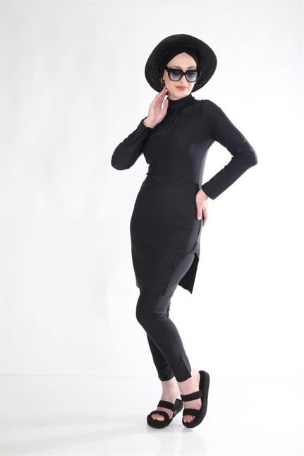 Siyah Taşlı Siyah Tasarım Tesettür Mayo Takım