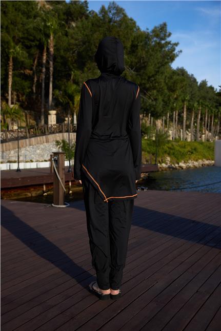 Asena Model Turuncu Şeritli Allerli Lycralı Tasarım Tesettür Tulum Mayo