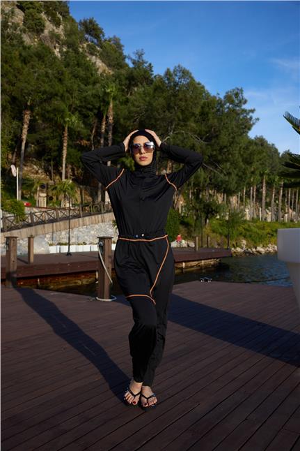 Turuncu Şeritli Allerli Lycralı Tasarım Tesettür Tulum Mayo | Markasız