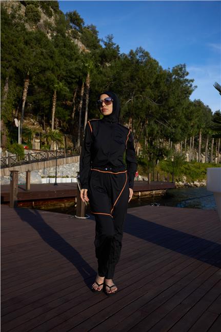 Asena Model Turuncu Şeritli Allerli Lycralı Tasarım Tesettür Tulum Mayo