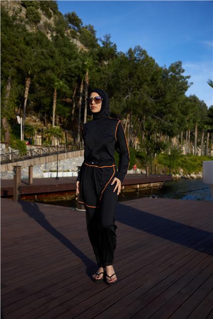 Asena Model Turuncu Şeritli Allerli Lycralı Tasarım Tesettür Tulum Mayo