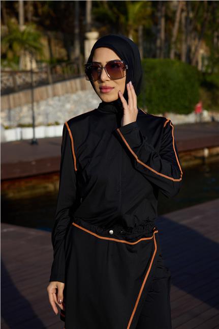 Asena Model Turuncu Şeritli Allerli Lycralı Tasarım Tesettür Tulum Mayo