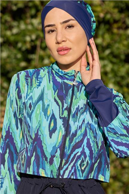 Viona Model Mavi Spor Lycralı Tasarım Tesettür İkili Mayo Takım