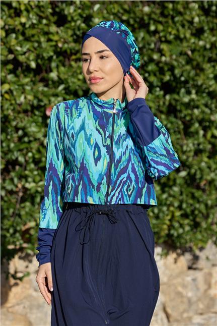 Viona Model Mavi Spor Lycralı Tasarım Tesettür İkili Mayo Takım