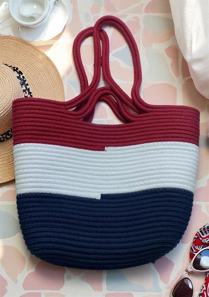 Wave Model Üç Renkli Kırmızı  Hasır Plaj Çantası | Markasız