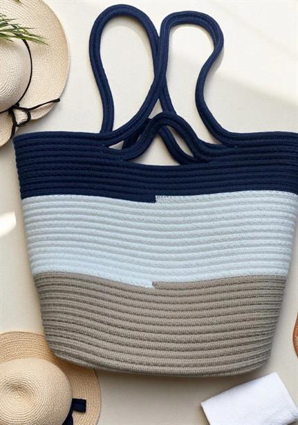 Wave Model Üç Renkli Lacivert Hasır Plaj Çantası | Markasız