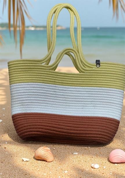 Wave Model Üç Renkli Sarı Hasır Plaj Çantası | NS Tasarim