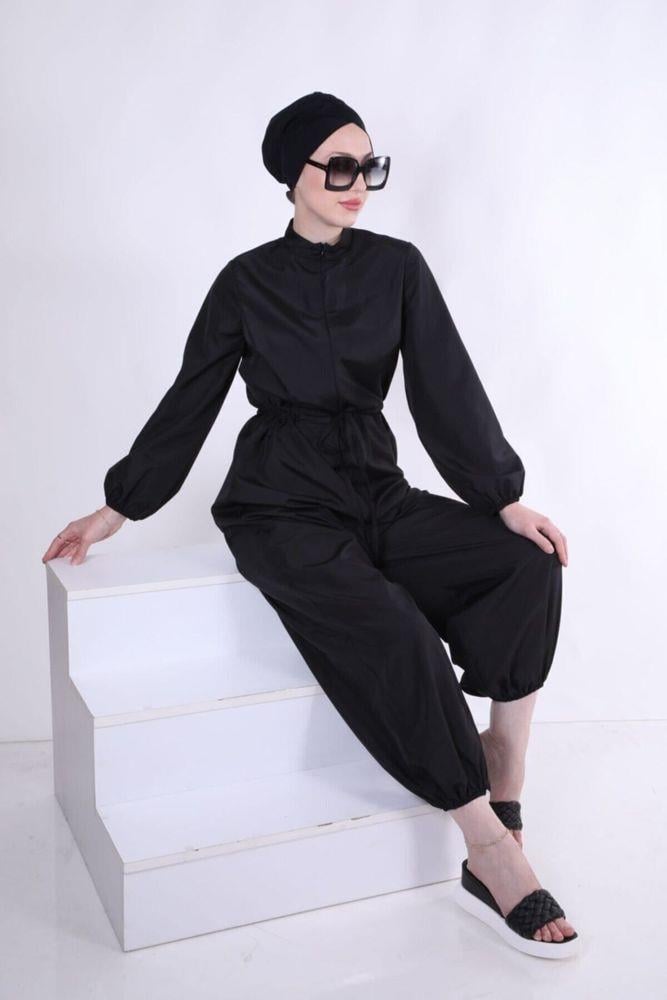 Siyah Tasarım Tesettür Paraşüt Kumaş Tulum Mayo