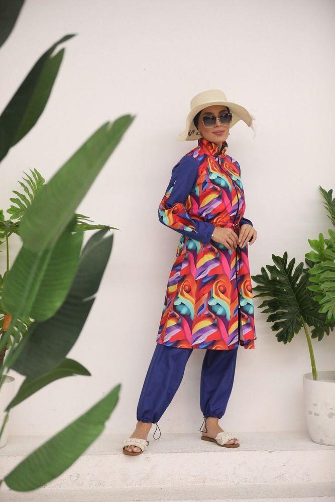 Gökkuşağı Desen Kolları Fermuarlı Tasarım Tesettür Mayo Takım