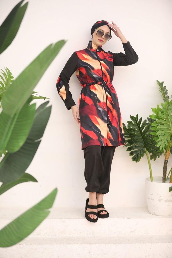 Alev Desen Kolları Fermuarlı Mayo Takım