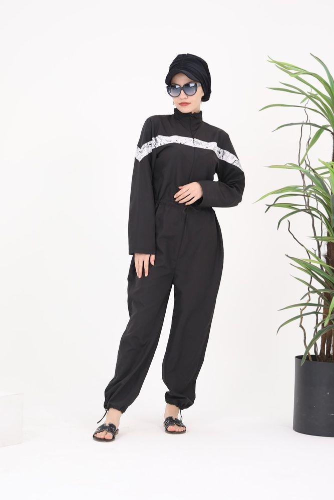 Floria Beyaz Şeritli Tasarım Tesettür Paraşüt Kumaş Tulum Mayo