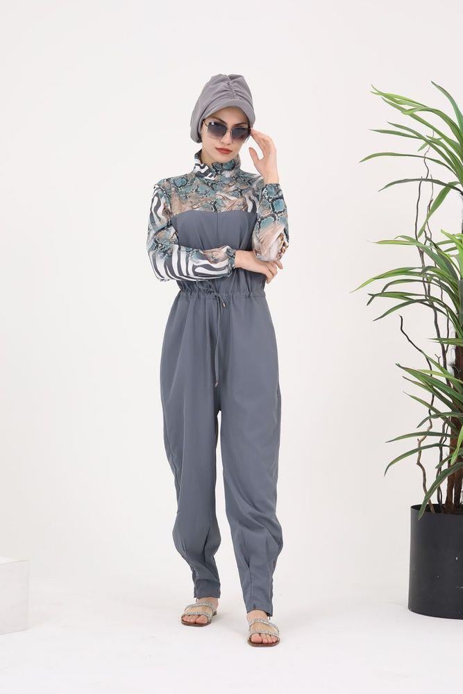 Dream Gri Desen Tasarım Tesettür Paraşüt Kumaş Tulum Mayo