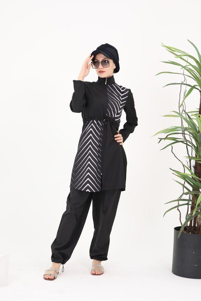 Elena Balık Sırtı Desenli Tasarım Tesettür Paraşüt Kumaş Ikili Mayo Takım 363