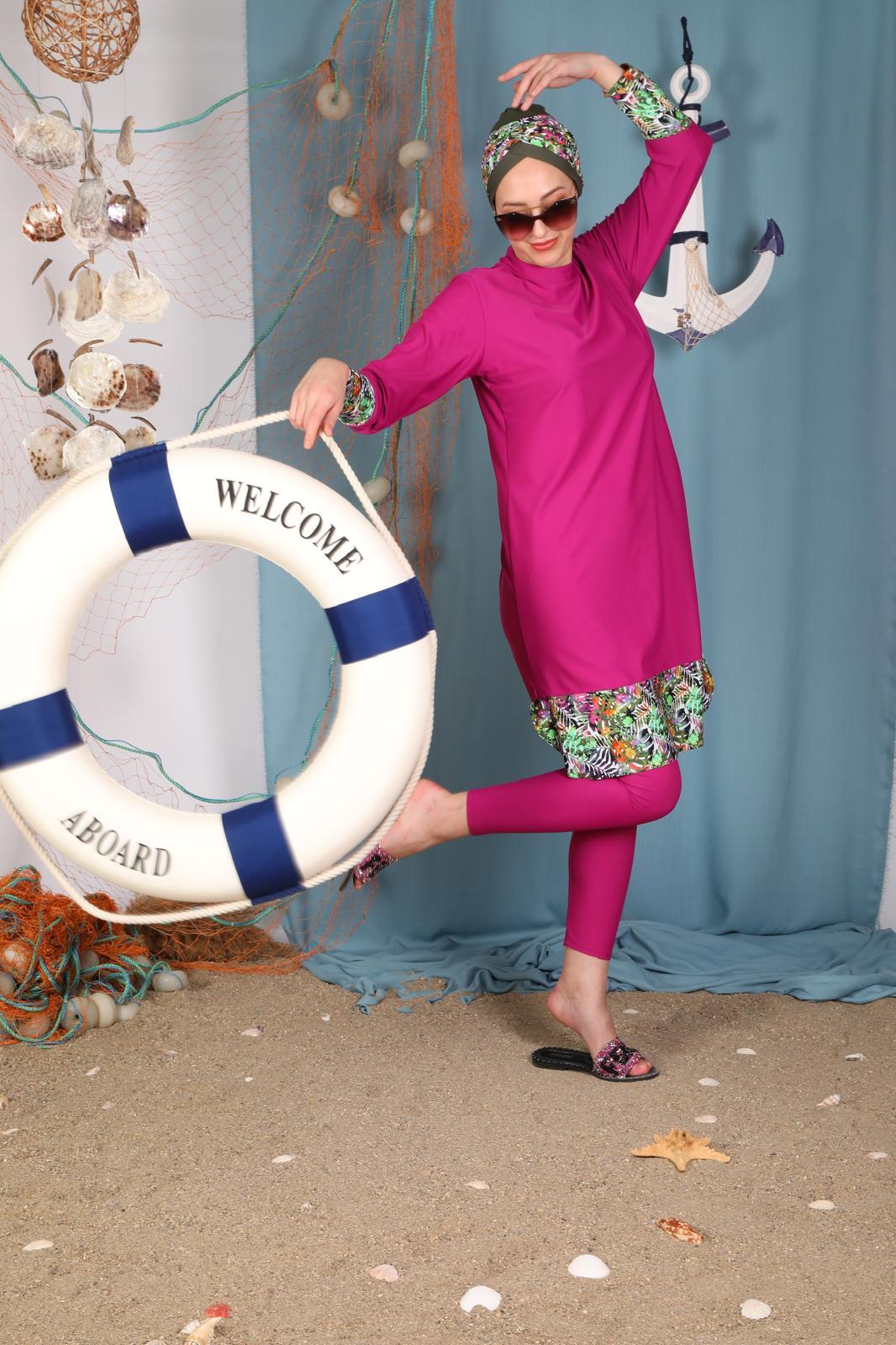 Flower Desen Fuşya Tasarım Tesettür Mayo Takım | Markasız